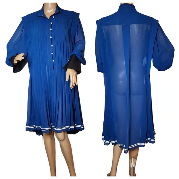 NWT Philosophy Di Lorenzo Serafini Blue Pleated Sheer Long Sleeve Dress. Size 4 - Picture 1 of 16